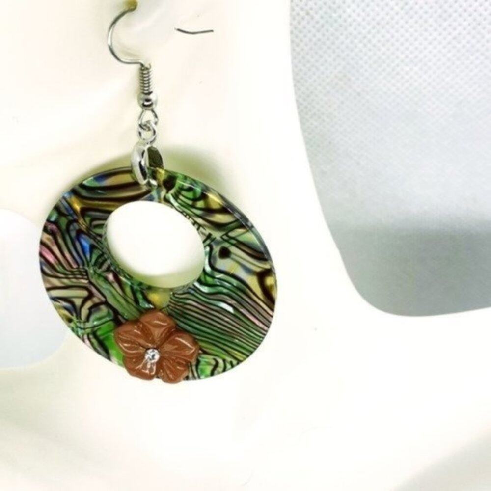 New NWT Abalone Shell Flower Rhinestone Dangle Earrings
